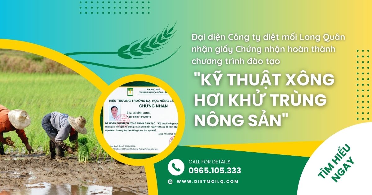 Dại diện Công ty diệt mối Long Quân nhận giấy Chứng nhận hoàn thành chương trình đào tạo "Kỹ thuật xông hơi khử trùng nông sản"